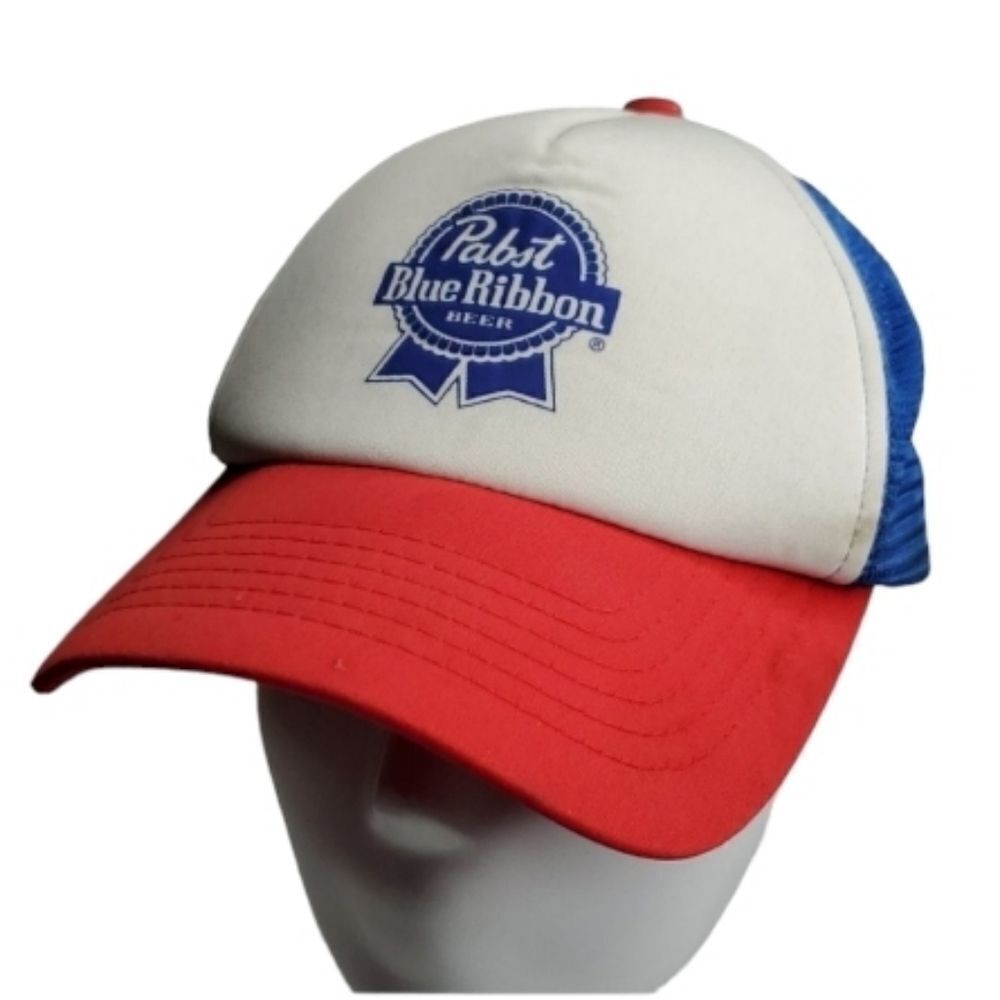 VINTAGE PBR PABST RED WHITE BLUE RIBBON MESH TRUCKER DAD HAT COSTUME CAP